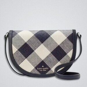 Kate Spade New York Luna Crossbody Bag Gingham Woven Straw Crescent Blue/ White